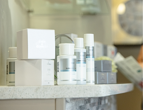 Skincare products displayed on a countertop.