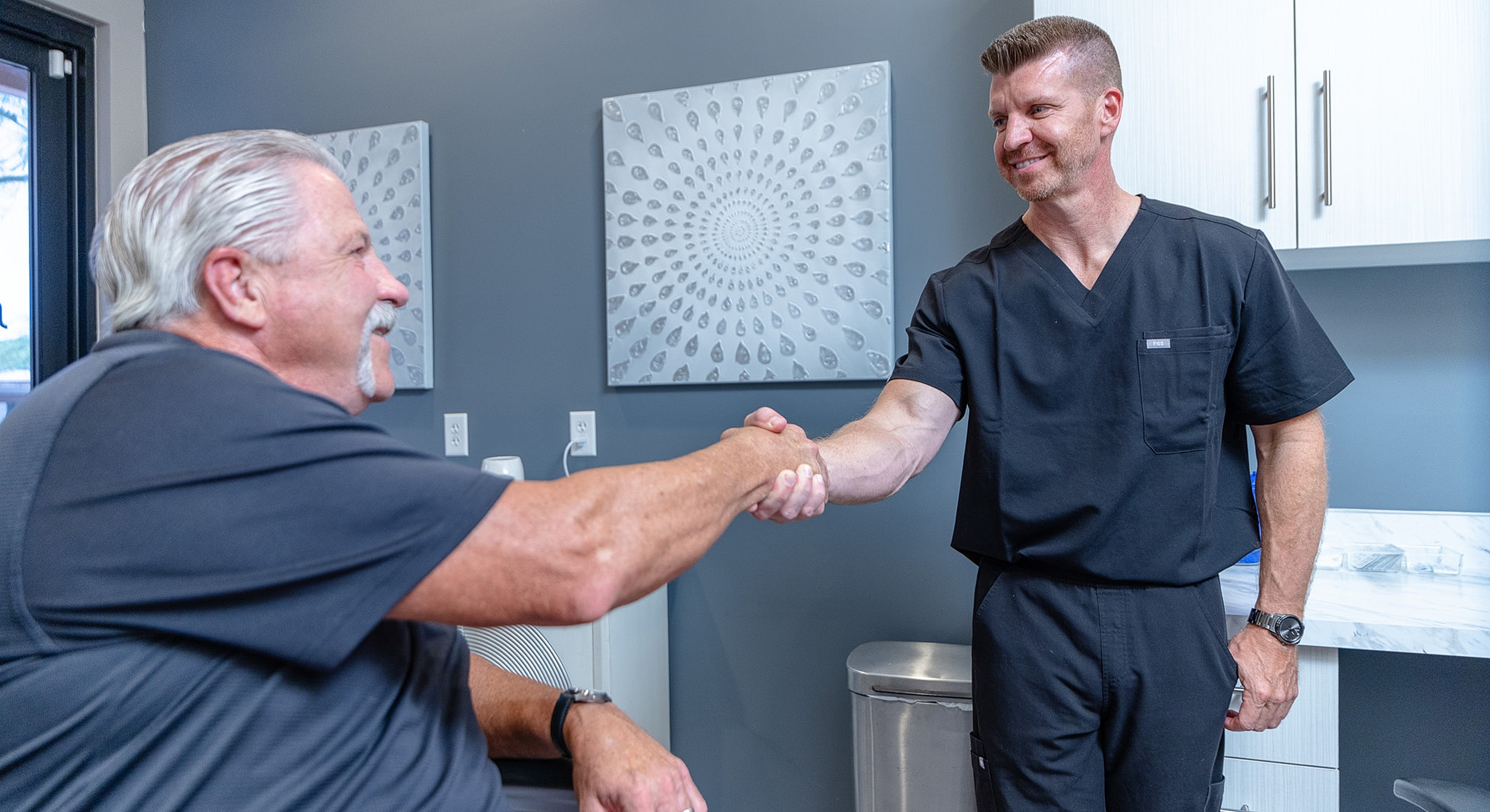 Doctor and patient shaking hands in consultation.